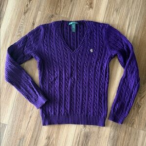 Lauren Ralph Lauren Deep Purple Cable Knit V-Neck Sweater